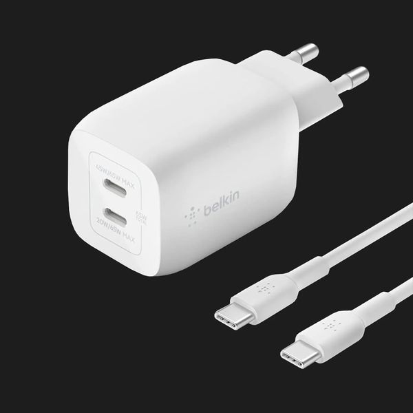 Зарядний пристрій Belkin 65W GAN PD PPS Dual USB-С - USB-С 2m (White) a417d8b6-aa5b-4814-8391-b20fccc30088 фото