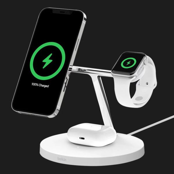 Бездротова зарядка Belkin 3-in-1 Wireless Charger with MagSafe 15W (White) 953b3d2b-e68f-42b7-bdcd-c6955177269f фото